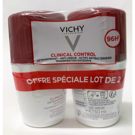 Vichy - Clinical Control . Détranspirant .Transpiration excessive 96H (lot de 2 billes de 50 ml)